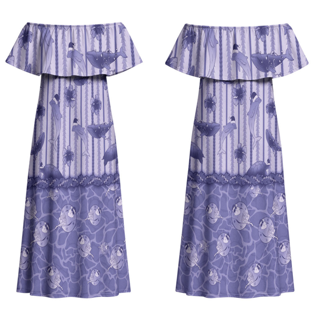 Hawaii Christmas In July Family Matching Off Shoulder Maxi Dress and Hawaiian Shirt Amethyst Purple Mele Kalikimaka Sea Animals DT05 Mom's Dress Purple - Polynesian Pride
