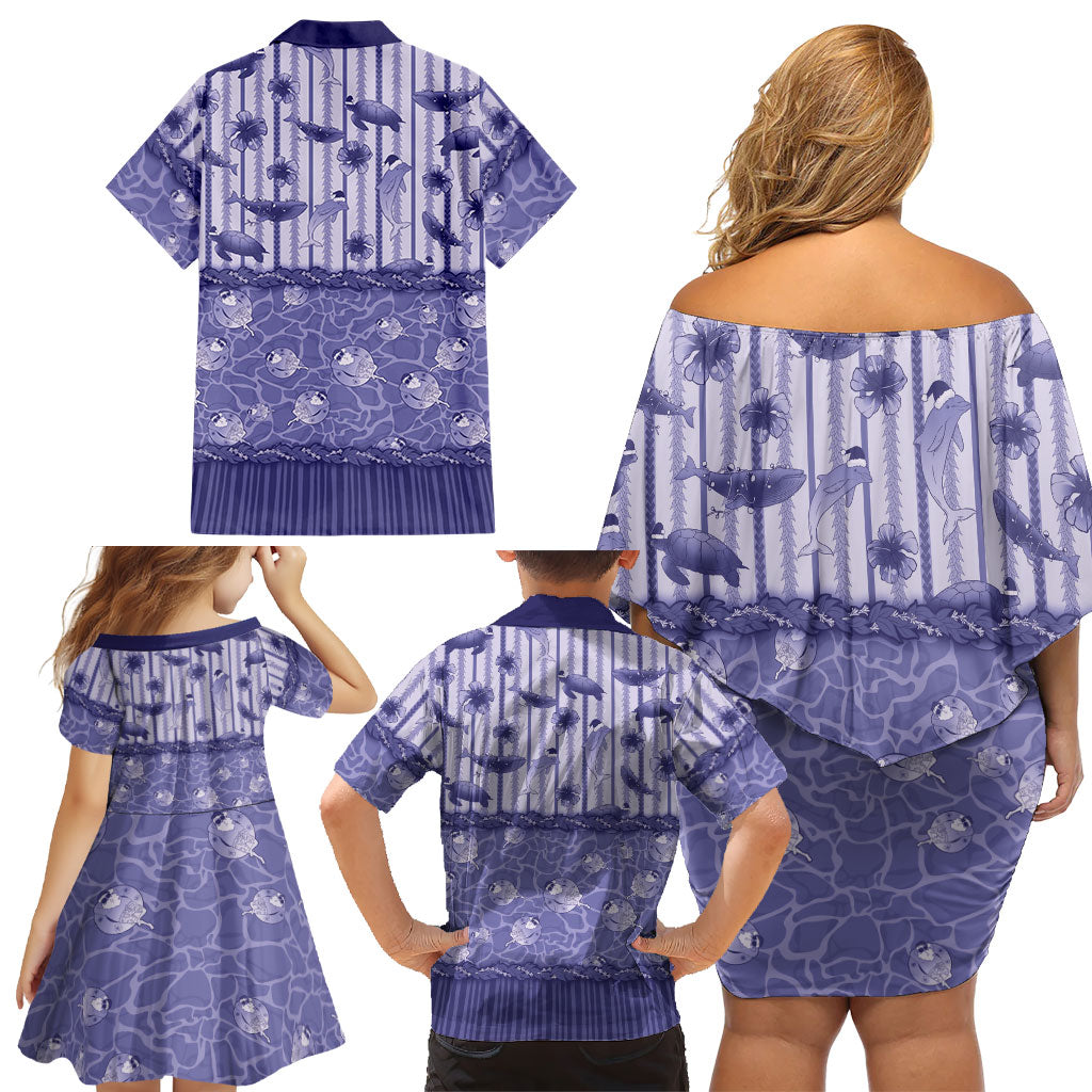Hawaii Christmas In July Family Matching Off Shoulder Short Dress and Hawaiian Shirt Amethyst Purple Mele Kalikimaka Sea Animals