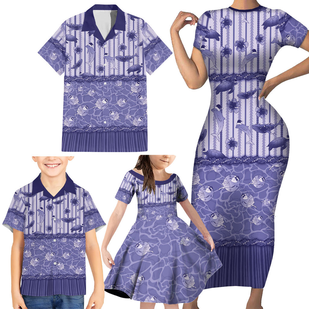 Hawaii Christmas In July Family Matching Short Sleeve Bodycon Dress and Hawaiian Shirt Amethyst Purple Mele Kalikimaka Sea Animals