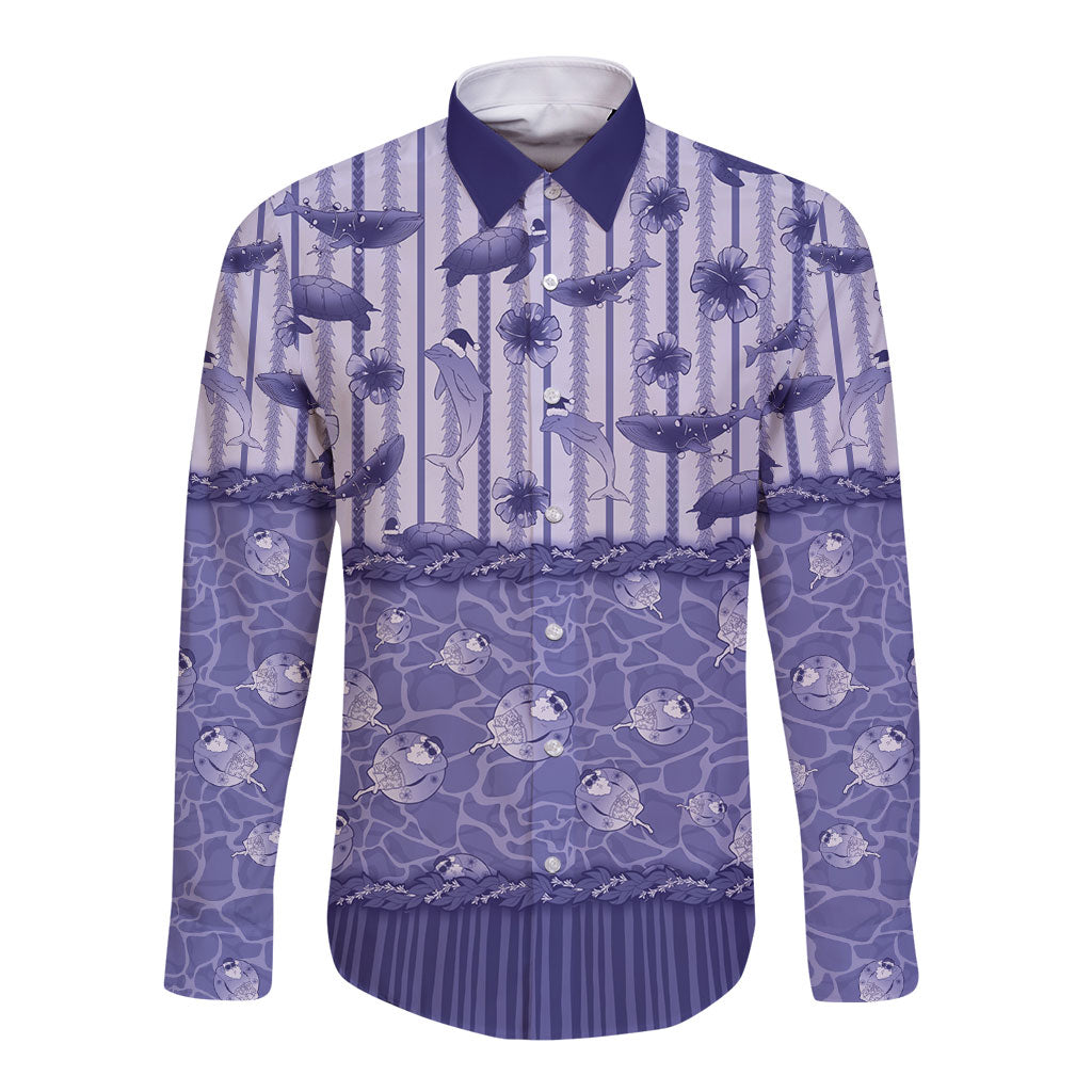 Hawaii Christmas In July Long Sleeve Button Shirt Amethyst Purple Mele Kalikimaka Sea Animals