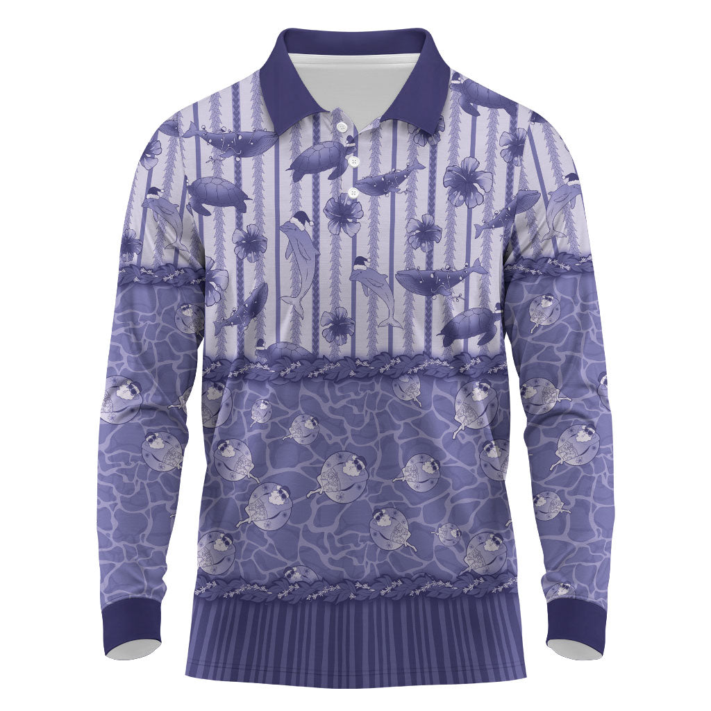 Hawaii Christmas In July Long Sleeve Polo Shirt Amethyst Purple Mele Kalikimaka Sea Animals