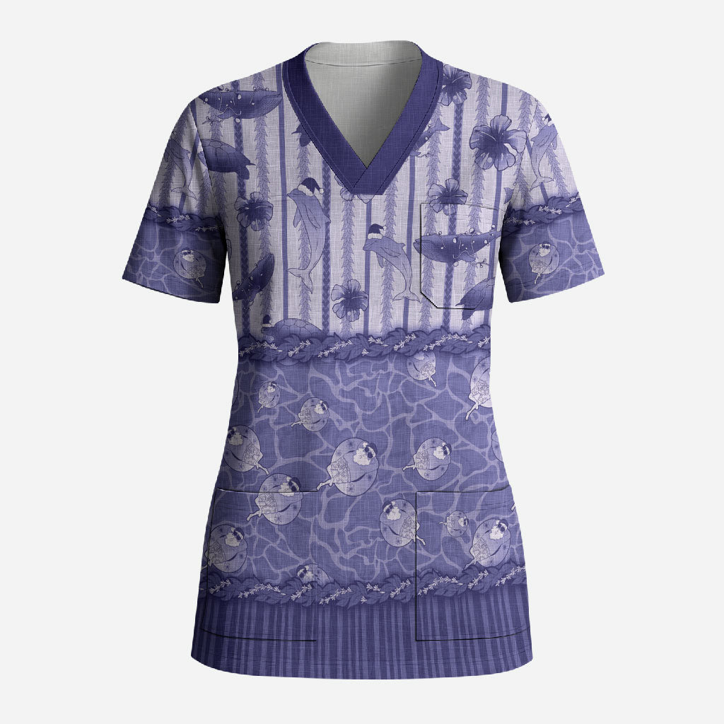 Hawaii Christmas In July Scrub Top Amethyst Purple Mele Kalikimaka Sea Animals