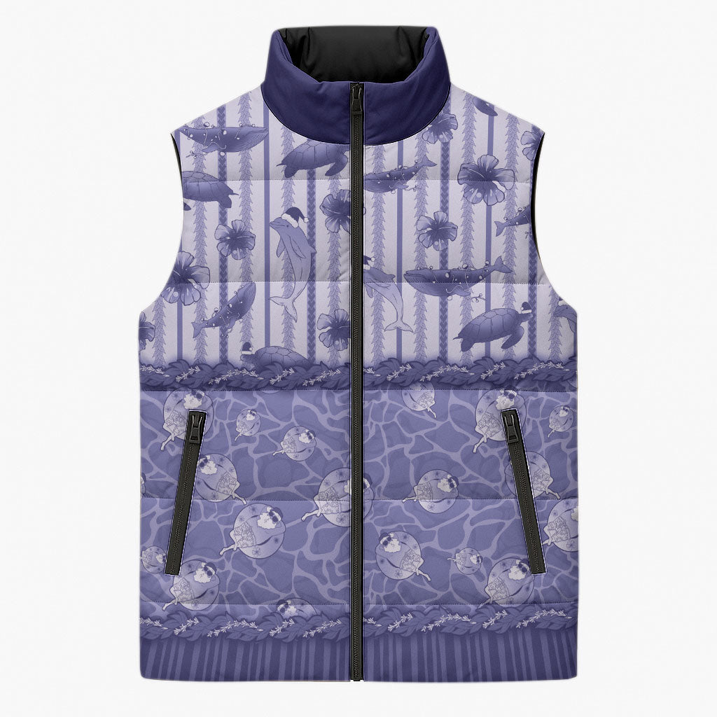Hawaii Christmas In July Sleeveless Puffer Jacket Amethyst Purple Mele Kalikimaka Sea Animals