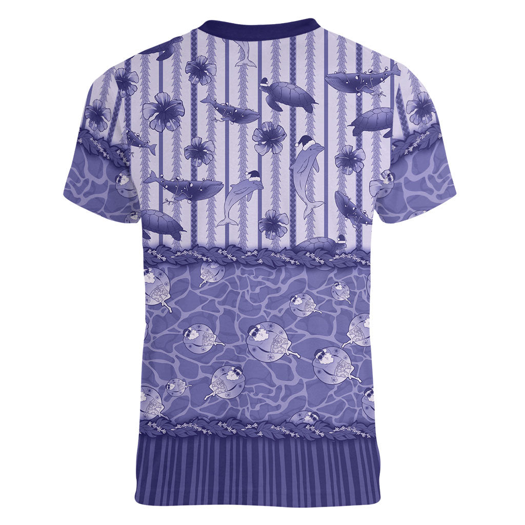 Hawaii Christmas In July Women V-Neck T-Shirt Amethyst Purple Mele Kalikimaka Sea Animals