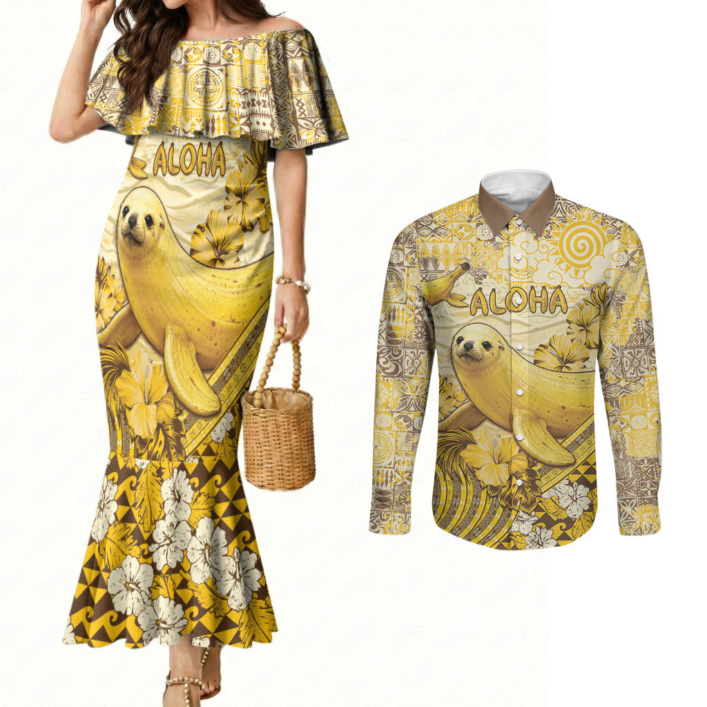 Hawaii Banana Seal Couples Matching Mermaid Dress and Long Sleeve Button Shirt Ilio Holo I Ka Uaua Aloha DT05 Yellow - Polynesian Pride