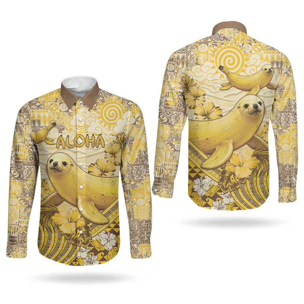 Hawaii Banana Seal Couples Matching Mermaid Dress and Long Sleeve Button Shirt Ilio Holo I Ka Uaua Aloha DT05 - Polynesian Pride
