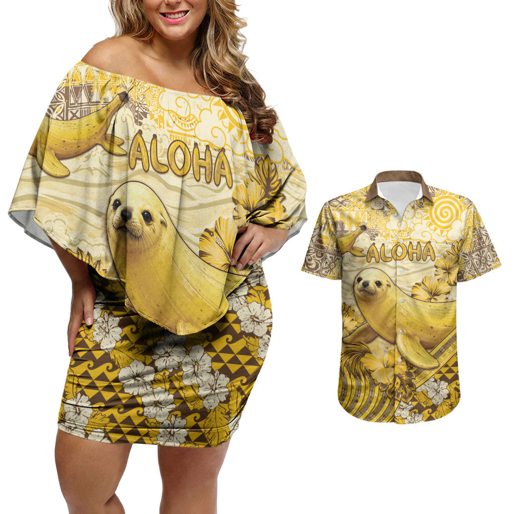 Hawaii Banana Seal Couples Matching Off Shoulder Short Dress and Hawaiian Shirt Ilio Holo I Ka Uaua Aloha DT05 Yellow - Polynesian Pride