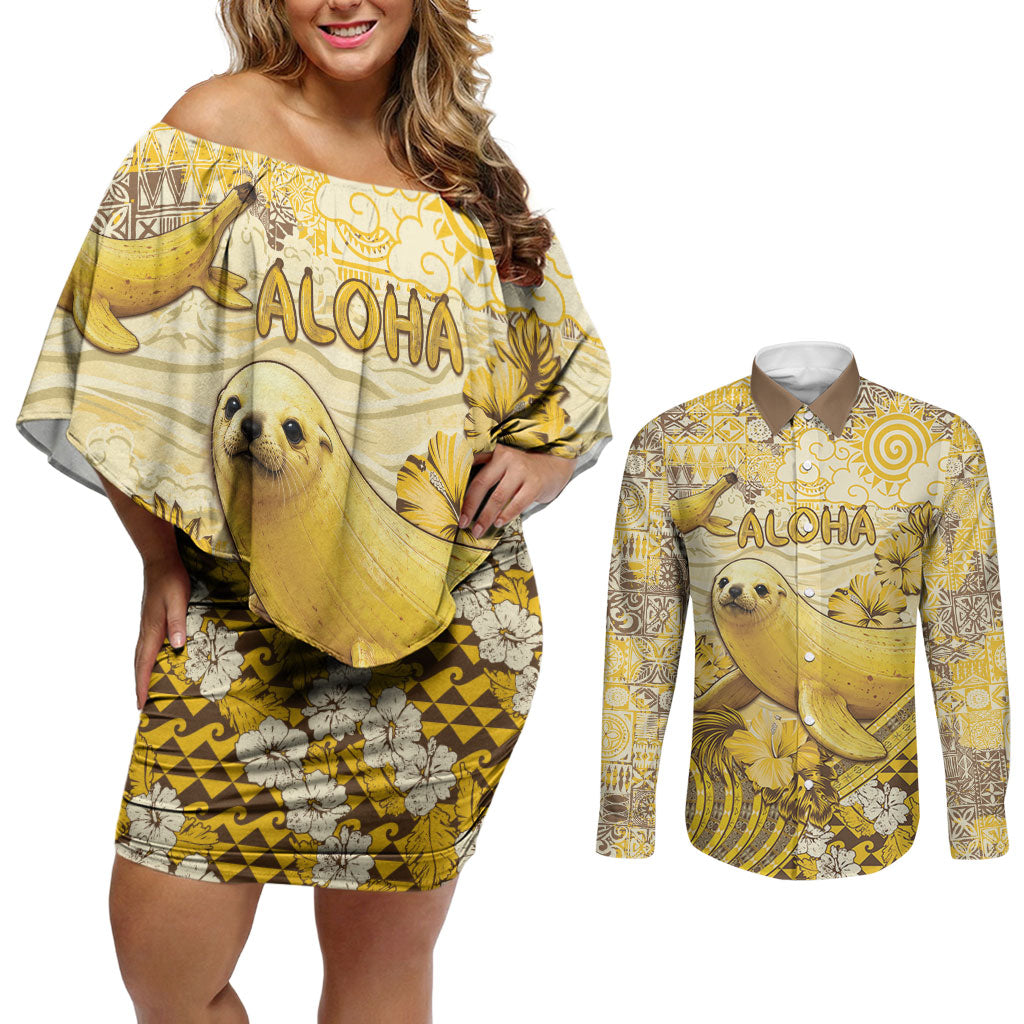 Hawaii Banana Seal Couples Matching Off Shoulder Short Dress and Long Sleeve Button Shirt Ilio Holo I Ka Uaua Aloha DT05 Yellow - Polynesian Pride