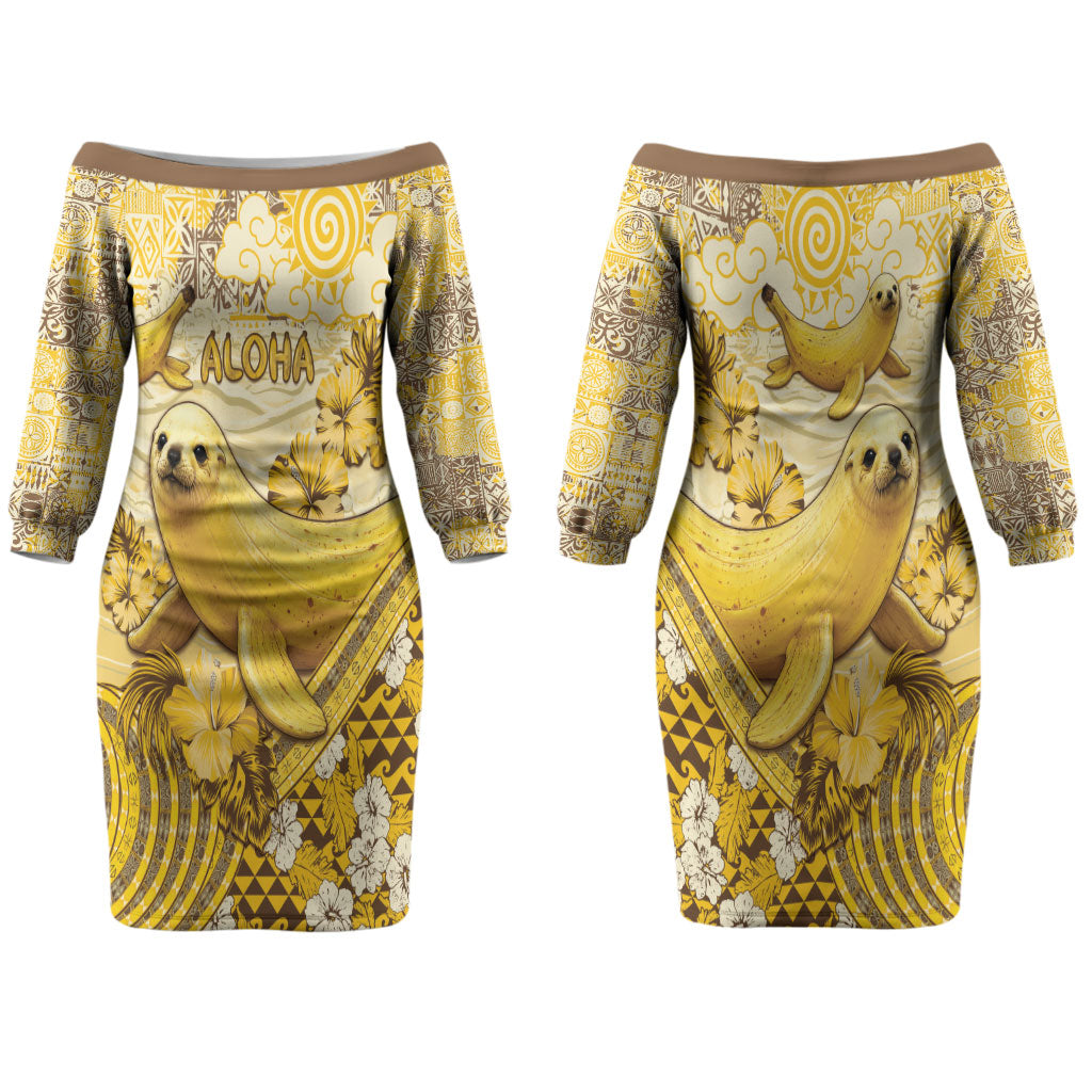 Hawaii Banana Seal Couples Matching Off The Shoulder Long Sleeve Dress and Hawaiian Shirt Ilio Holo I Ka Uaua Aloha DT05 - Polynesian Pride