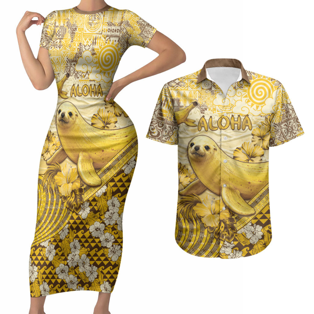 Hawaii Banana Seal Couples Matching Short Sleeve Bodycon Dress and Hawaiian Shirt Ilio Holo I Ka Uaua Aloha DT05 Yellow - Polynesian Pride