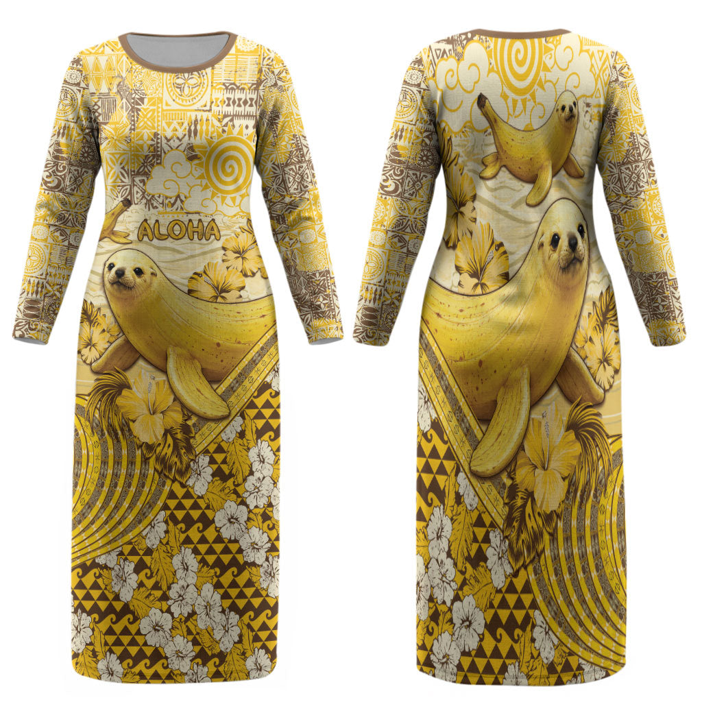 Hawaii Banana Seal Family Matching Long Sleeve Bodycon Dress and Hawaiian Shirt Ilio Holo I Ka Uaua Aloha DT05 Mom's Dress Yellow - Polynesian Pride
