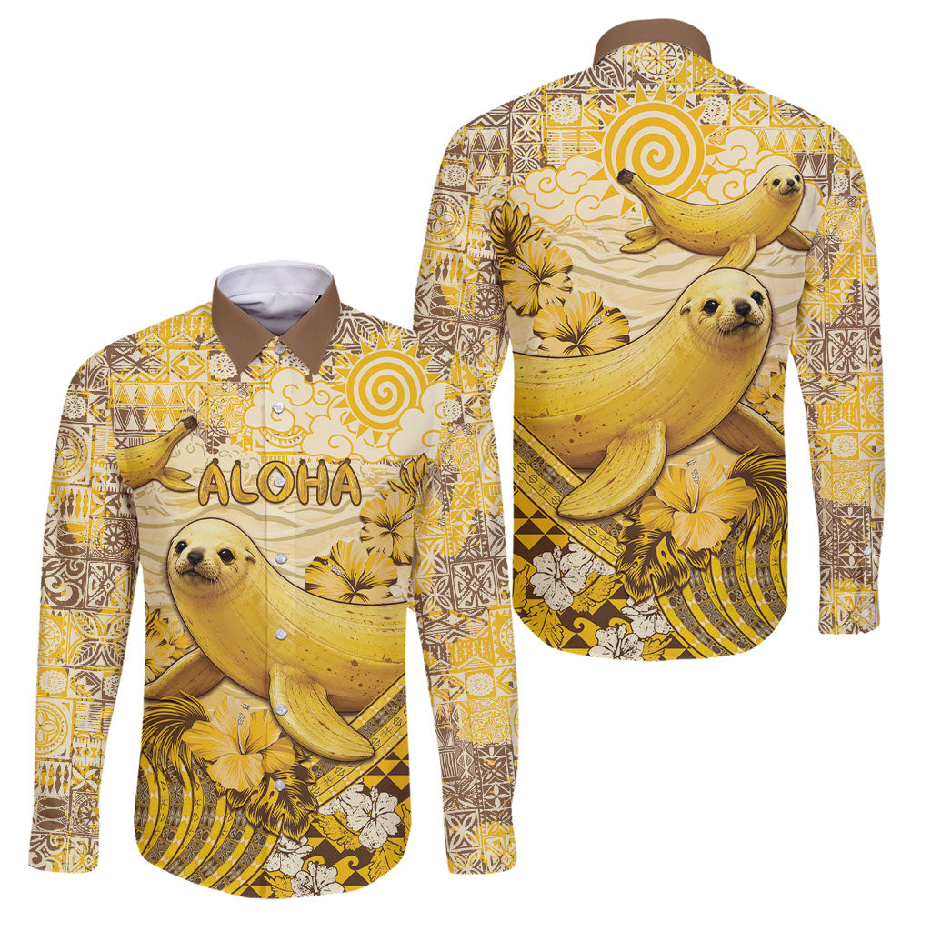 Hawaii Banana Seal Family Matching Long Sleeve Bodycon Dress and Hawaiian Shirt Ilio Holo I Ka Uaua Aloha DT05 Dad's Shirt - Long Sleeve Yellow - Polynesian Pride