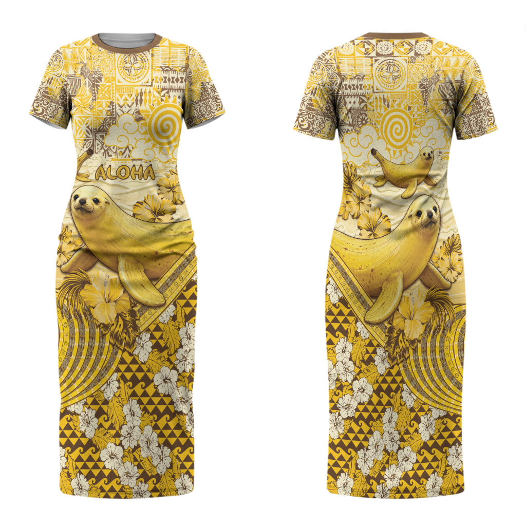Hawaii Banana Seal Family Matching Short Sleeve Bodycon Dress and Hawaiian Shirt Ilio Holo I Ka Uaua Aloha DT05 Mom's Dress Yellow - Polynesian Pride