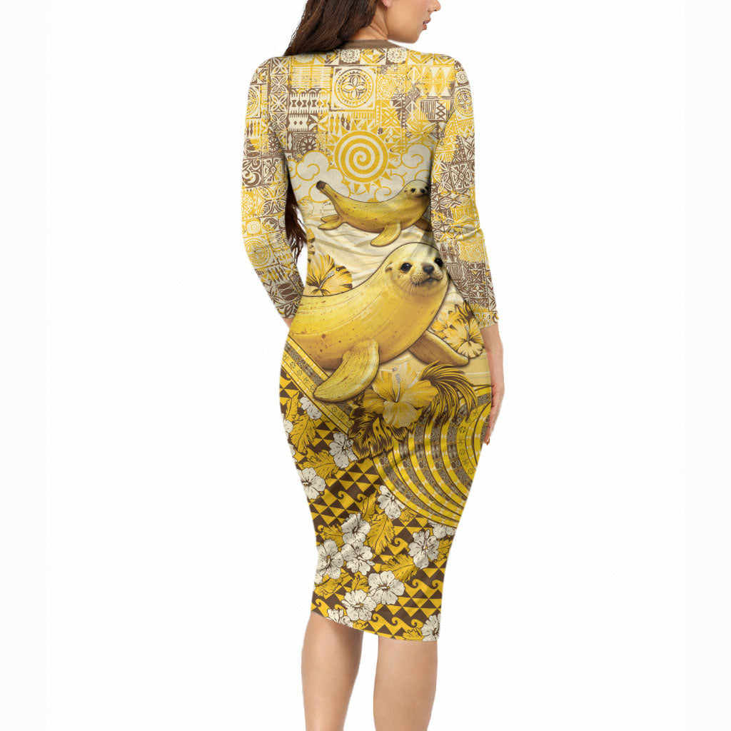 Hawaii Banana Seal Long Sleeve Bodycon Dress Ilio Holo I Ka Uaua Aloha DT05 - Polynesian Pride