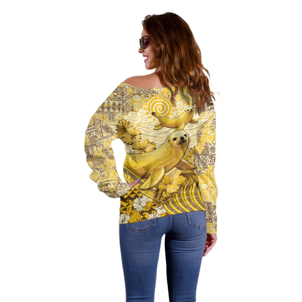 Hawaii Banana Seal Off Shoulder Sweater Ilio Holo I Ka Uaua Aloha DT05 - Polynesian Pride