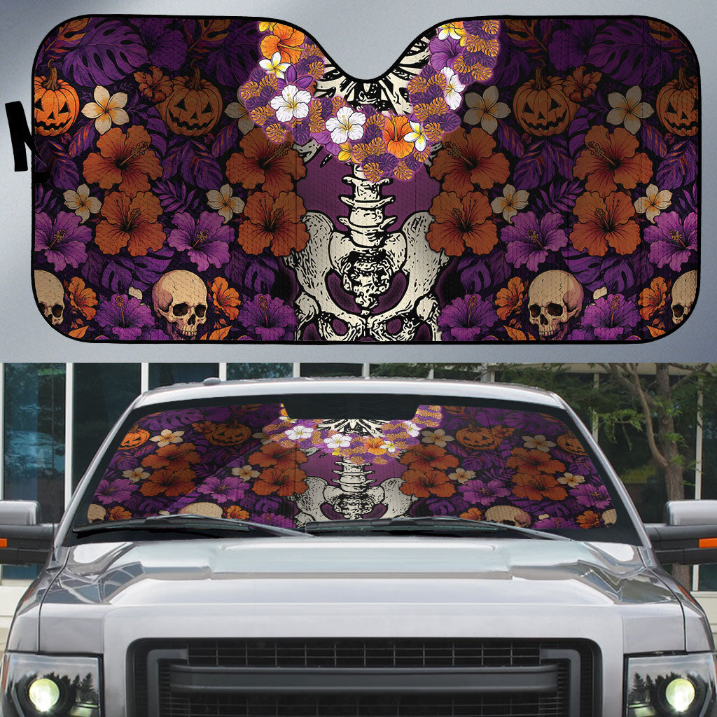 Hawaii Halloween Auto Sun Shade Skeleton Bones Flower Lei Tropical Floral DT05 Black - Polynesian Pride
