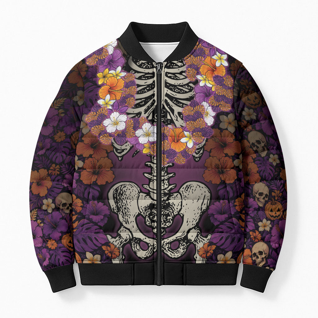 Hawaii Halloween Bomber Puffer Jacket Skeleton Bones Flower Lei Tropical Floral DT05 Unisex Black - Polynesian Pride