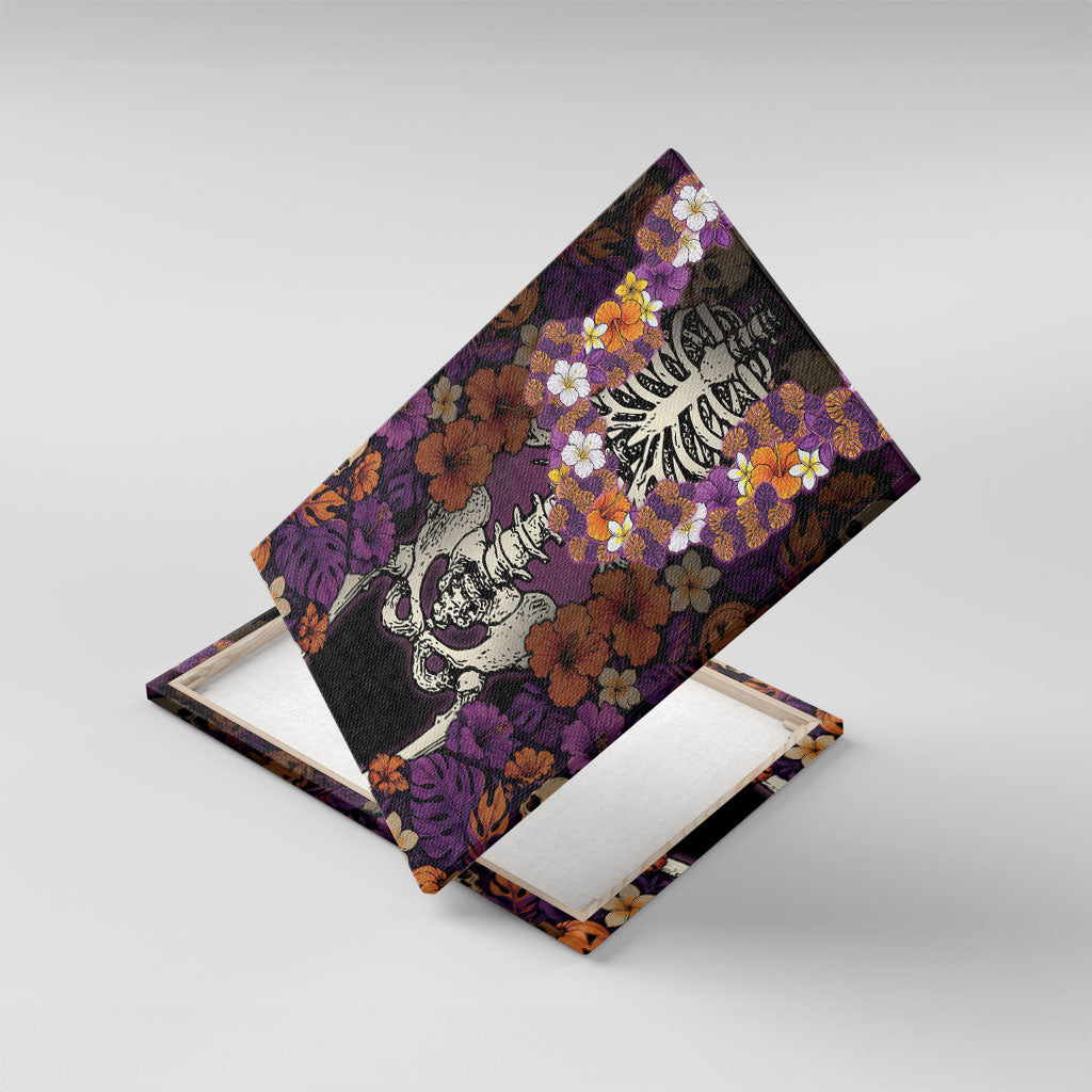 Hawaii Halloween Canvas Wall Art Skeleton Bones Flower Lei Tropical Floral DT05 With Frame Black - Polynesian Pride
