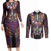Hawaii Halloween Couples Matching Long Sleeve Bodycon Dress and Long Sleeve Button Shirt Skeleton Bones Flower Lei Tropical Floral DT05 Black - Polynesian Pride