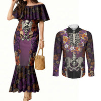 Hawaii Halloween Couples Matching Mermaid Dress and Long Sleeve Button Shirt Skeleton Bones Flower Lei Tropical Floral DT05 Black - Polynesian Pride