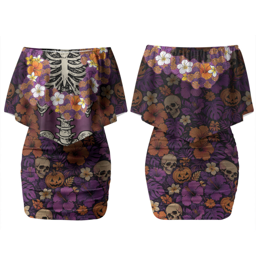 Hawaii Halloween Couples Matching Off Shoulder Short Dress and Long Sleeve Button Shirt Skeleton Bones Flower Lei Tropical Floral DT05 - Polynesian Pride
