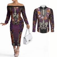 Hawaii Halloween Couples Matching Off The Shoulder Long Sleeve Dress and Long Sleeve Button Shirt Skeleton Bones Flower Lei Tropical Floral DT05 Black - Polynesian Pride