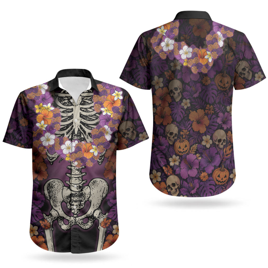Hawaii Halloween Couples Matching Puletasi and Hawaiian Shirt Skeleton Bones Flower Lei Tropical Floral DT05 - Polynesian Pride