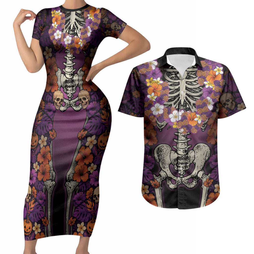 Hawaii Halloween Couples Matching Short Sleeve Bodycon Dress and Hawaiian Shirt Skeleton Bones Flower Lei Tropical Floral DT05 Black - Polynesian Pride