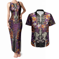 Hawaii Halloween Couples Matching Tank Maxi Dress and Hawaiian Shirt Skeleton Bones Flower Lei Tropical Floral DT05 Black - Polynesian Pride