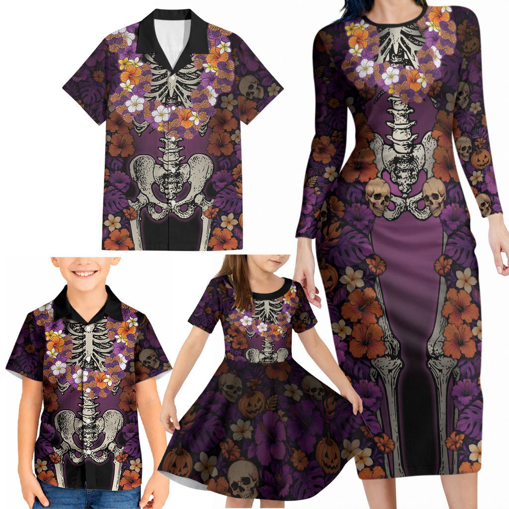 Hawaii Halloween Family Matching Long Sleeve Bodycon Dress and Hawaiian Shirt Skeleton Bones Flower Lei Tropical Floral DT05 - Polynesian Pride