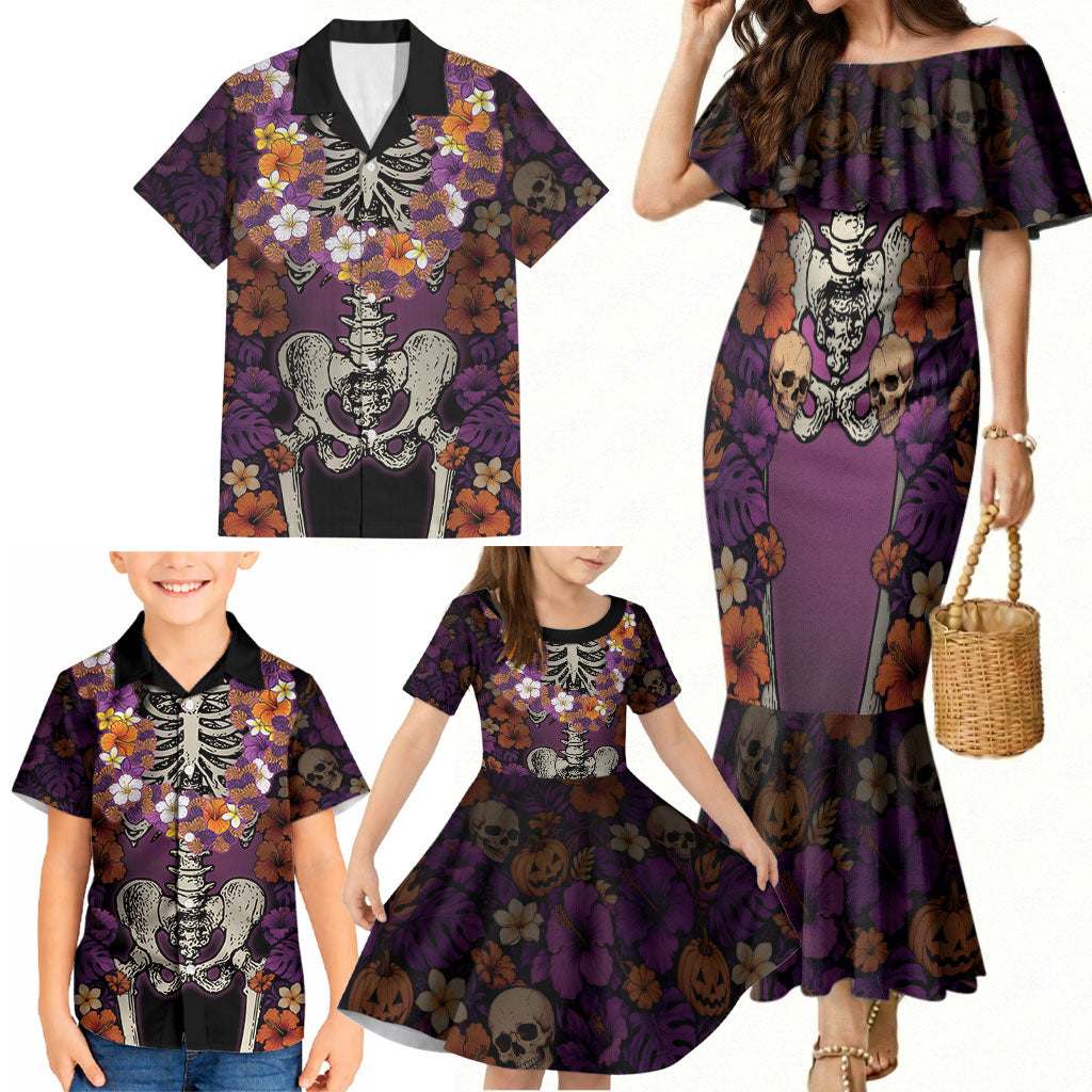 Hawaii Halloween Family Matching Mermaid Dress and Hawaiian Shirt Skeleton Bones Flower Lei Tropical Floral DT05 - Polynesian Pride