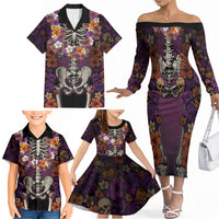 Hawaii Halloween Family Matching Off The Shoulder Long Sleeve Dress and Hawaiian Shirt Skeleton Bones Flower Lei Tropical Floral DT05 - Polynesian Pride