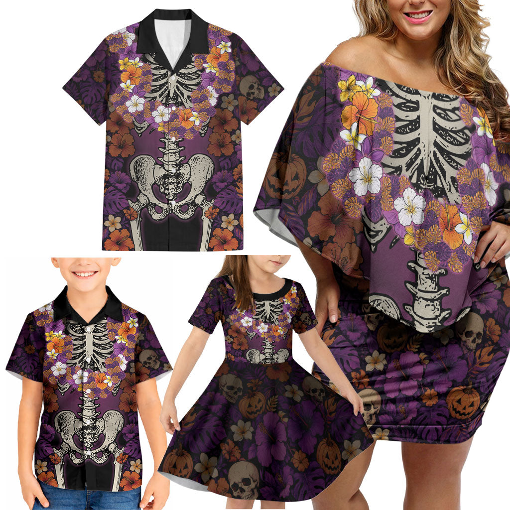 Hawaii Halloween Family Matching Off Shoulder Short Dress and Hawaiian Shirt Skeleton Bones Flower Lei Tropical Floral DT05 - Polynesian Pride