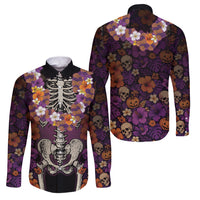 Hawaii Halloween Family Matching Off Shoulder Short Dress and Hawaiian Shirt Skeleton Bones Flower Lei Tropical Floral DT05 Dad's Shirt - Long Sleeve Black - Polynesian Pride