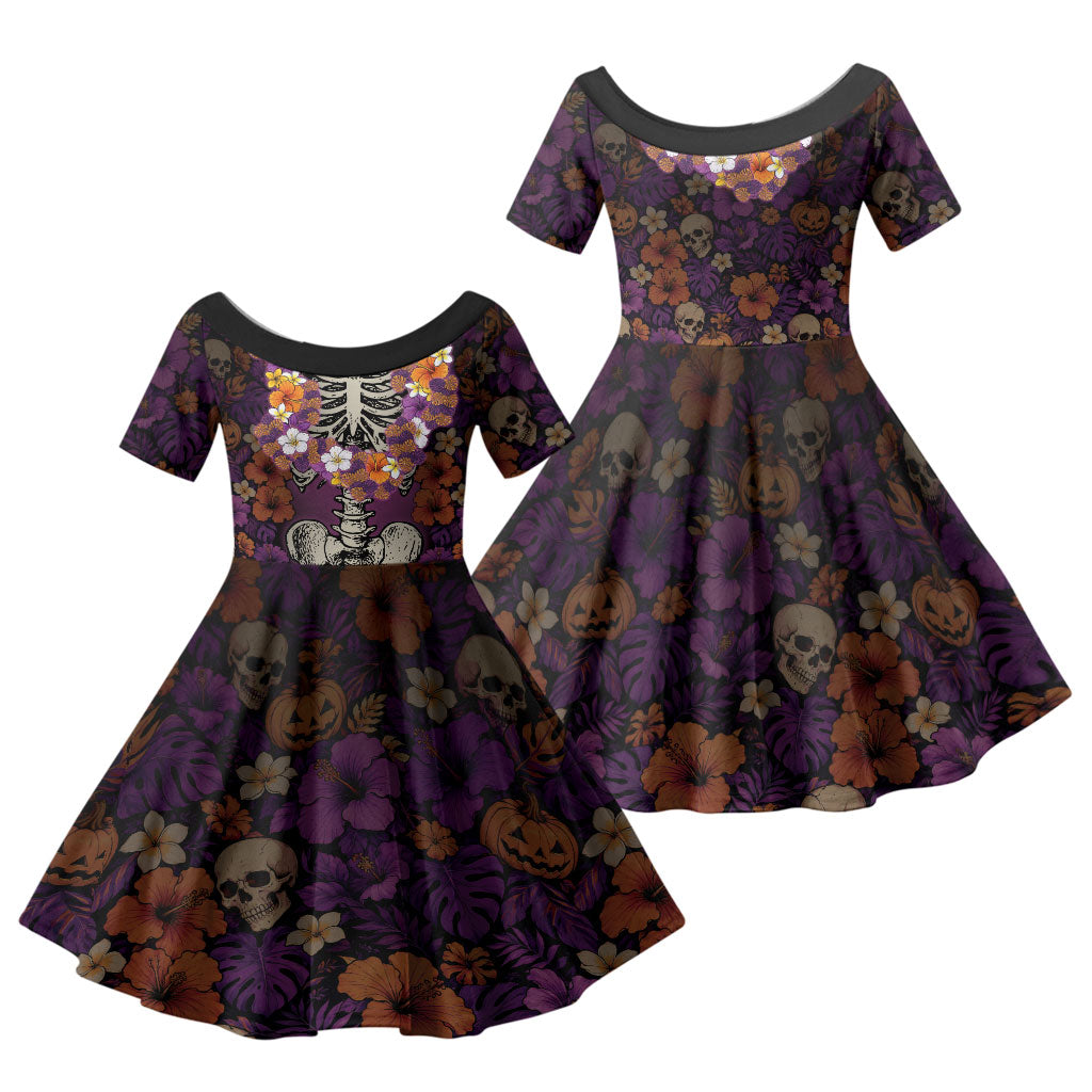 Hawaii Halloween Family Matching Off Shoulder Short Dress and Hawaiian Shirt Skeleton Bones Flower Lei Tropical Floral DT05 Daughter's Dress Black - Polynesian Pride