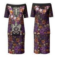 Hawaii Halloween Family Matching Puletasi and Hawaiian Shirt Skeleton Bones Flower Lei Tropical Floral DT05 Mom's Dress Black - Polynesian Pride