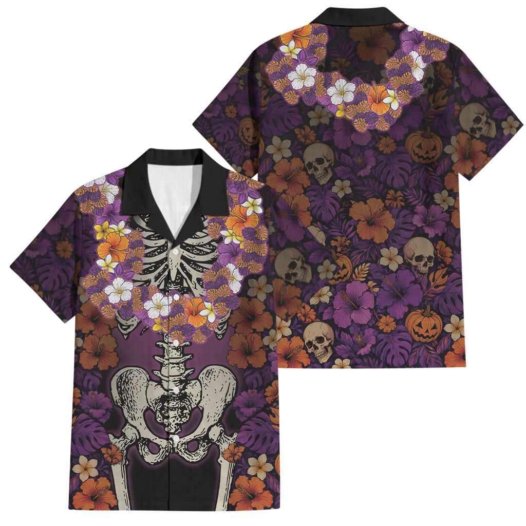 Hawaii Halloween Family Matching Short Sleeve Bodycon Dress and Hawaiian Shirt Skeleton Bones Flower Lei Tropical Floral DT05 Dad's Shirt - Short Sleeve Black - Polynesian Pride