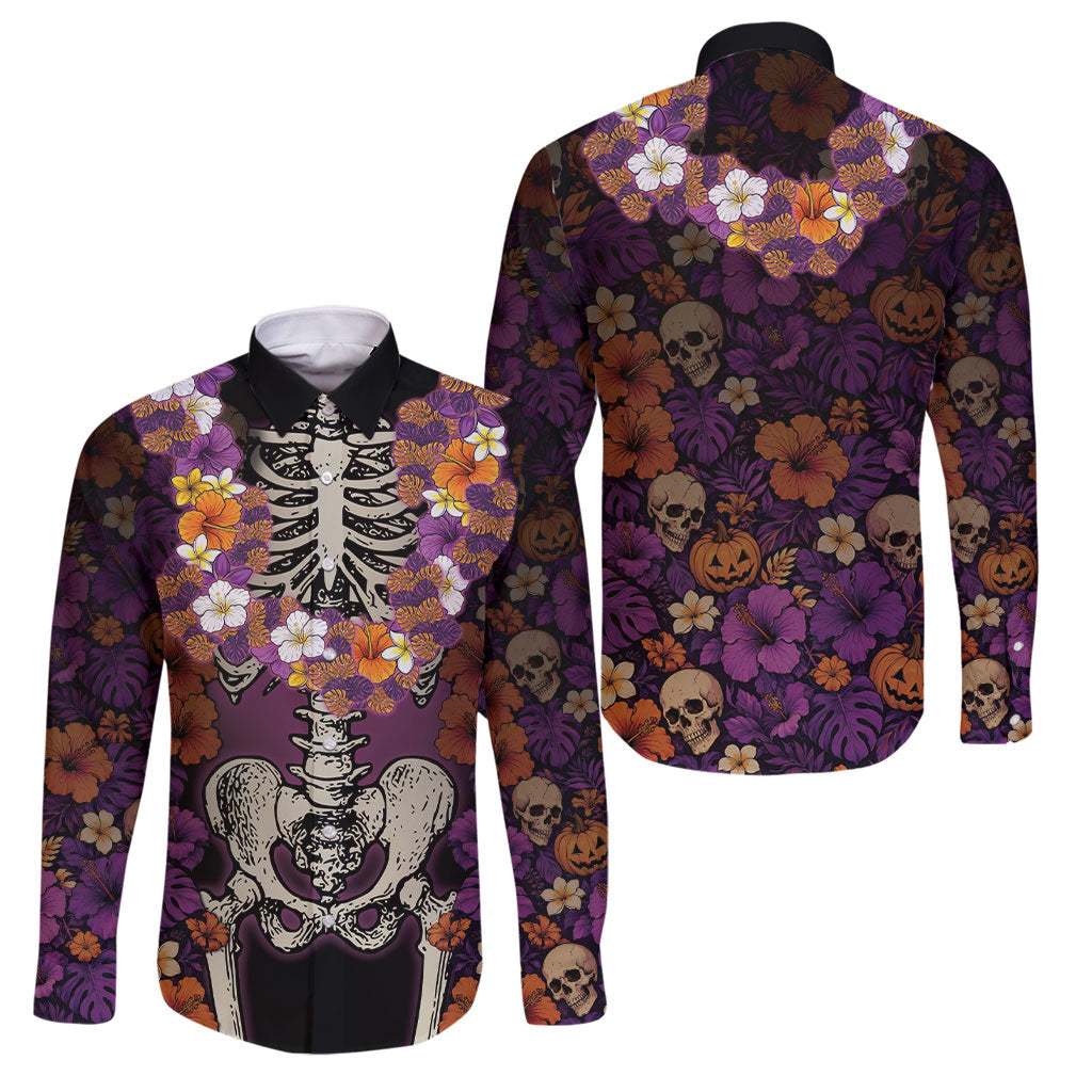 Hawaii Halloween Family Matching Tank Maxi Dress and Hawaiian Shirt Skeleton Bones Flower Lei Tropical Floral DT05 Dad's Shirt - Long Sleeve Black - Polynesian Pride