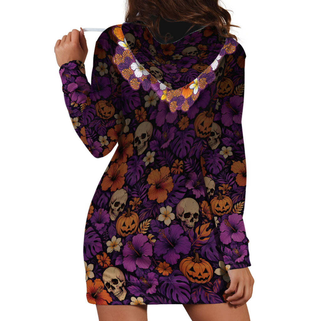 Hawaii Halloween Hoodie Dress Skeleton Bones Flower Lei Tropical Floral DT05 - Polynesian Pride