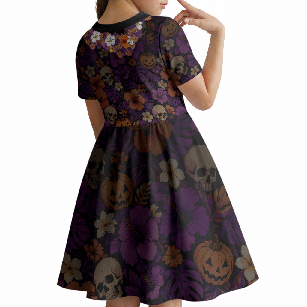 Hawaii Halloween Kid Short Sleeve Dress Skeleton Bones Flower Lei Tropical Floral DT05 - Polynesian Pride