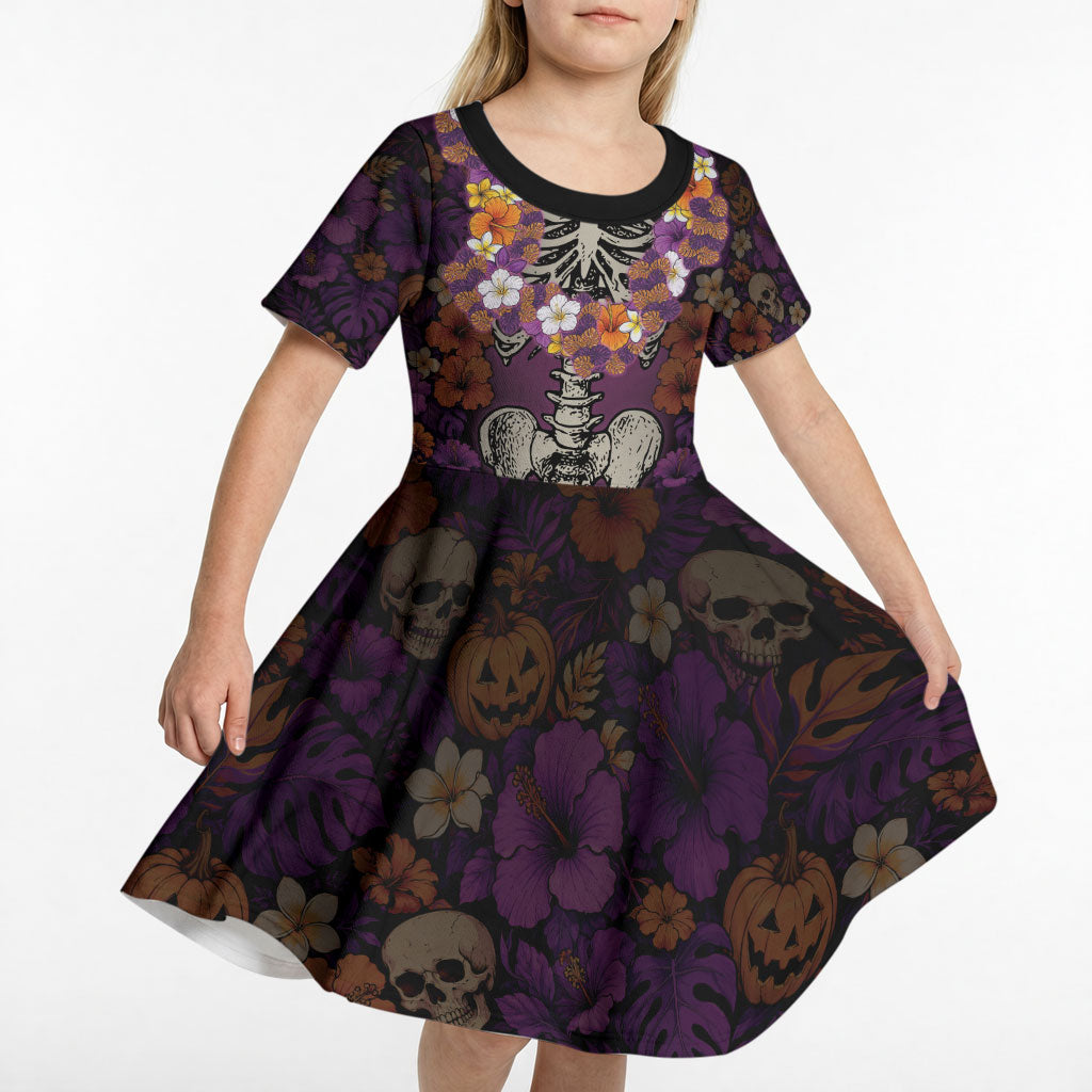 Hawaii Halloween Kid Short Sleeve Dress Skeleton Bones Flower Lei Tropical Floral DT05 - Polynesian Pride