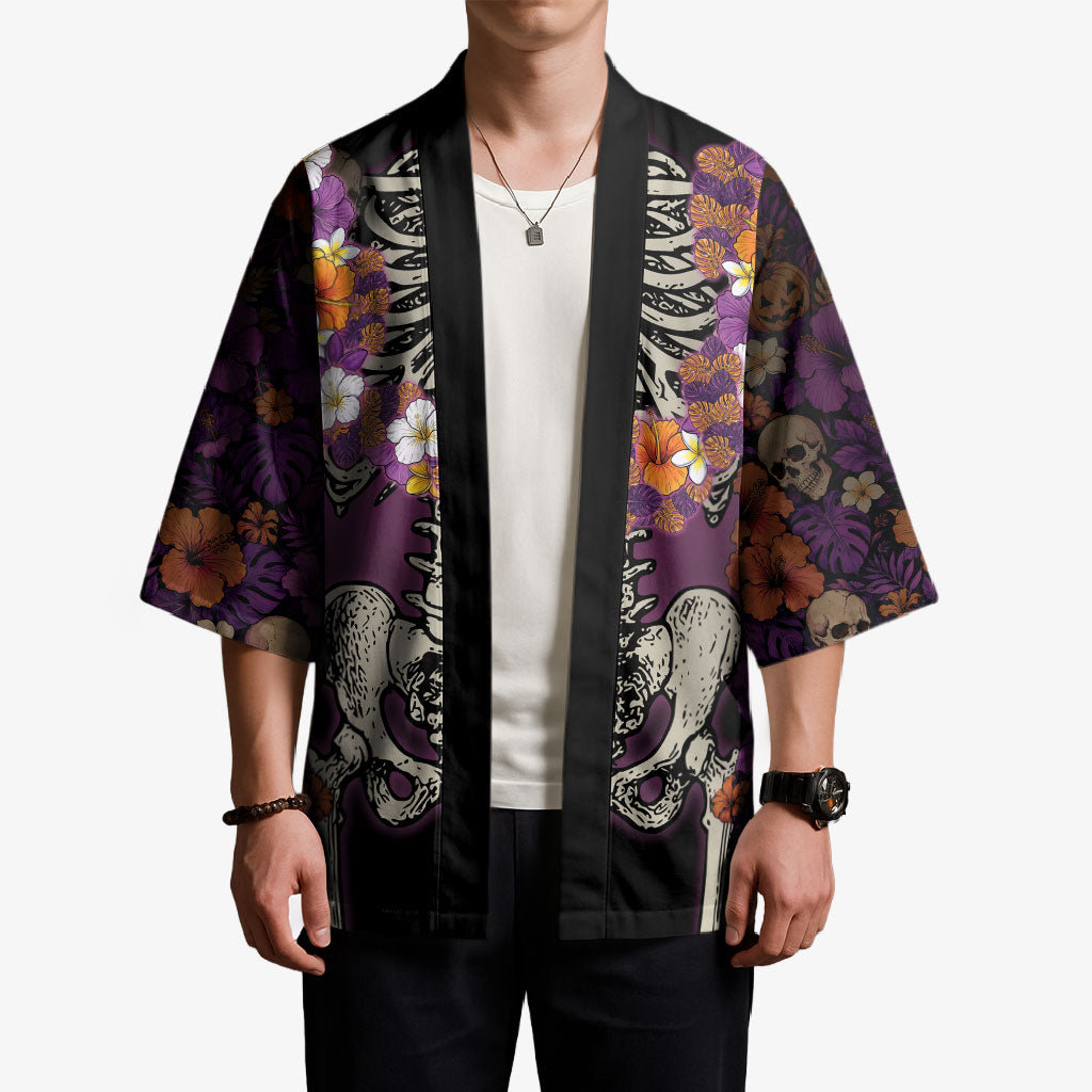 Hawaii Halloween Kimono Skeleton Bones Flower Lei Tropical Floral DT05 - Polynesian Pride