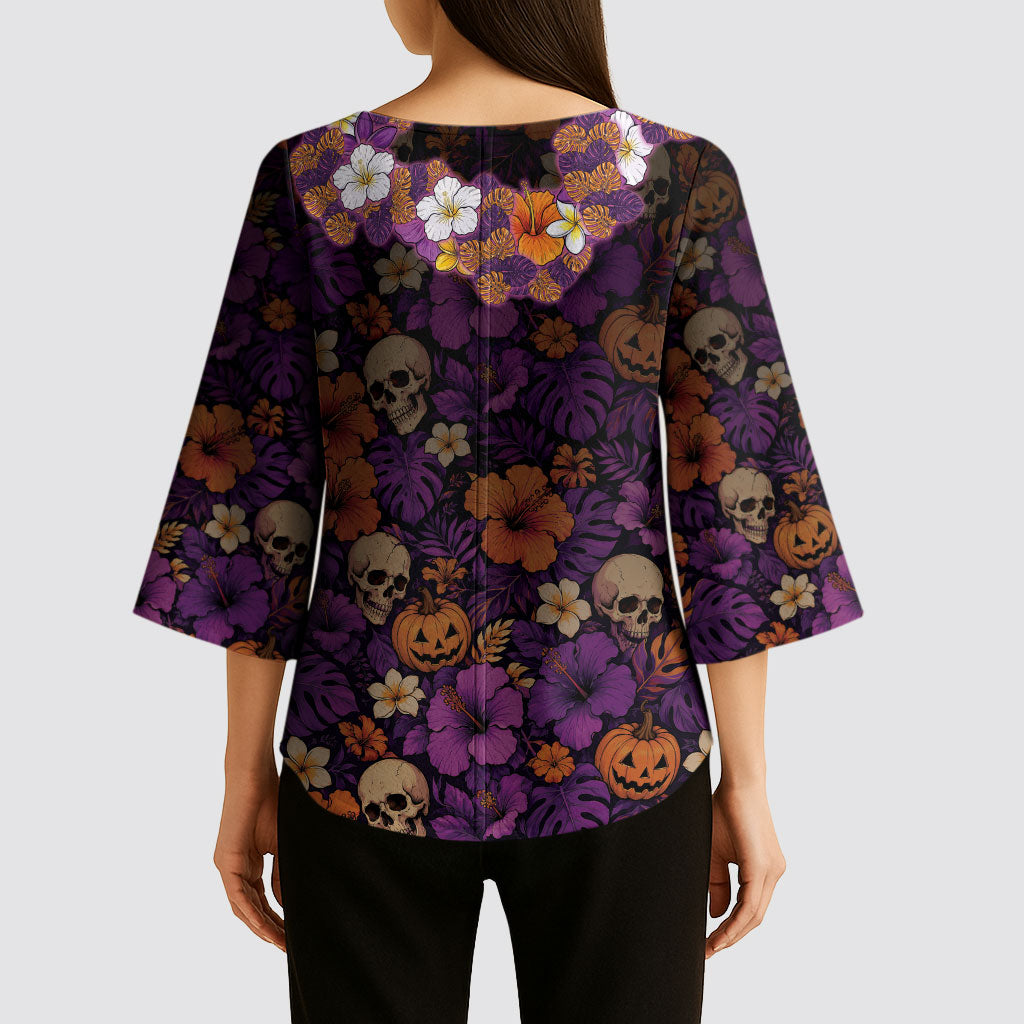 Hawaii Halloween Kimono Sleeve Blouse Skeleton Bones Flower Lei Tropical Floral DT05 - Polynesian Pride