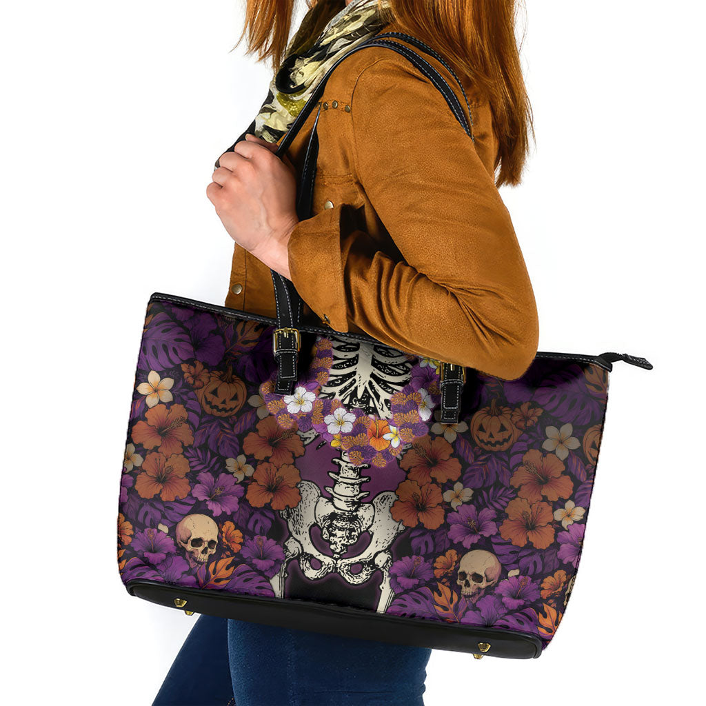 Hawaii Halloween Leather Tote Bag Skeleton Bones Flower Lei Tropical Floral DT05 Black - Polynesian Pride