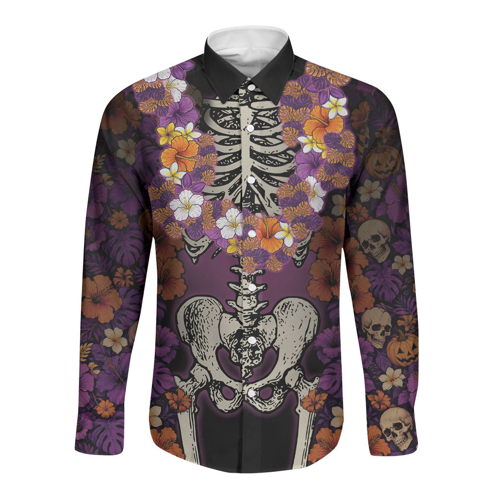 Hawaii Halloween Long Sleeve Button Shirt Skeleton Bones Flower Lei Tropical Floral DT05 Unisex Black - Polynesian Pride
