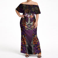 Hawaii Halloween Off Shoulder Maxi Dress Skeleton Bones Flower Lei Tropical Floral DT05 Women Black - Polynesian Pride