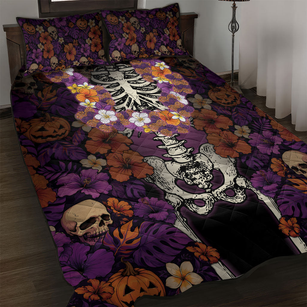 Hawaii Halloween Quilt Bed Set Skeleton Bones Flower Lei Tropical Floral DT05 Black - Polynesian Pride