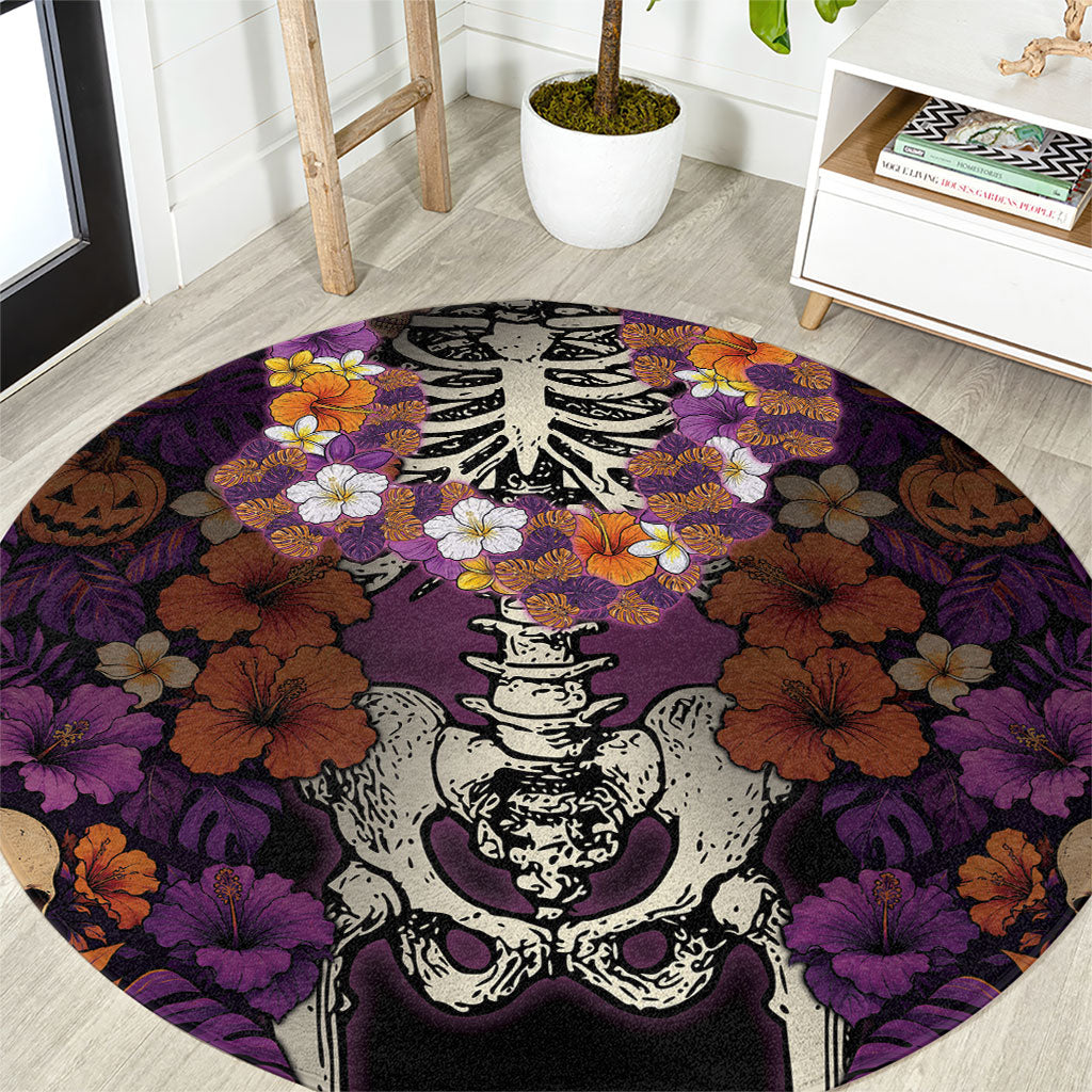 Hawaii Halloween Round Carpet Skeleton Bones Flower Lei Tropical Floral DT05 Black - Polynesian Pride