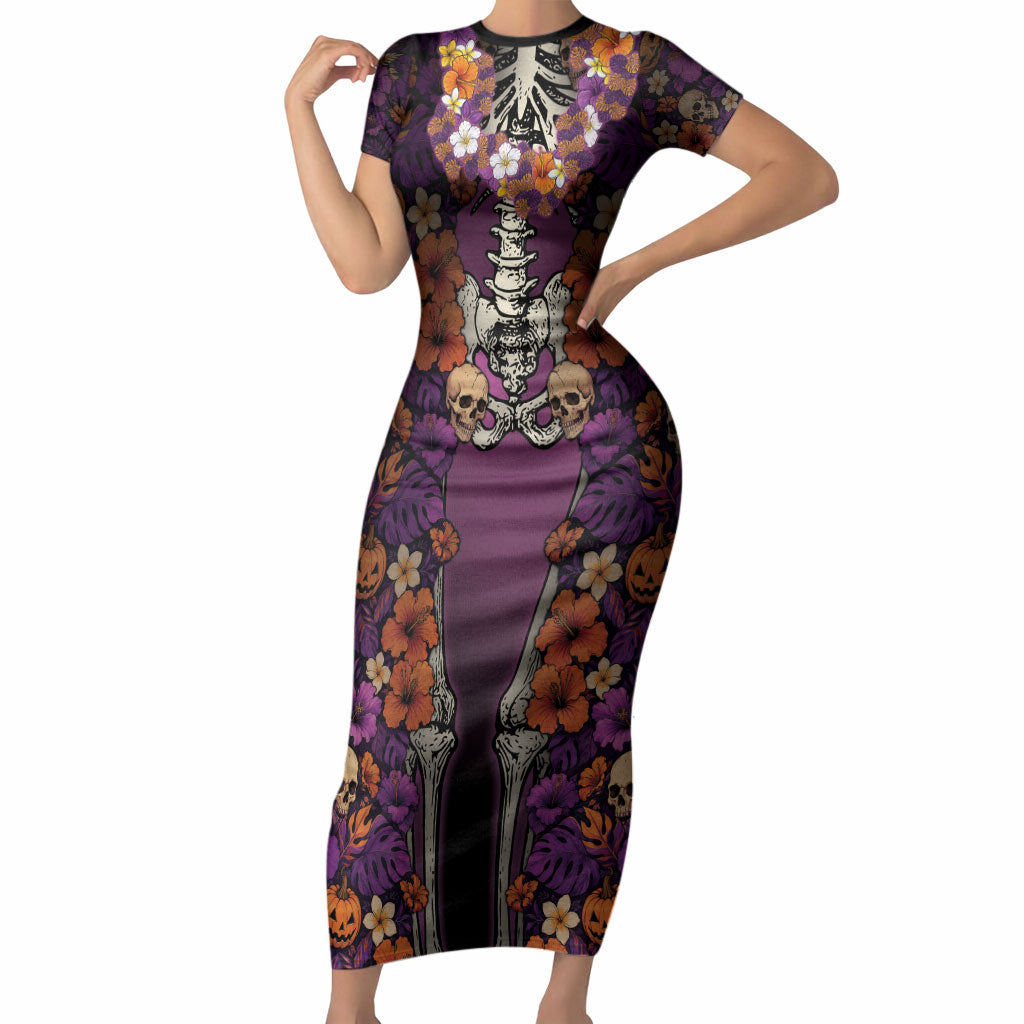 Hawaii Halloween Short Sleeve Bodycon Dress Skeleton Bones Flower Lei Tropical Floral DT05 Long Dress Black - Polynesian Pride