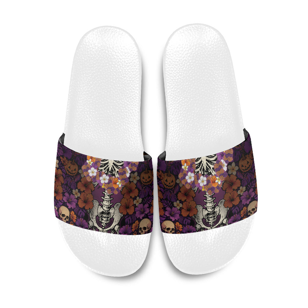 Hawaii Halloween Slide Sandals Skeleton Bones Flower Lei Tropical Floral DT05 Black - Polynesian Pride